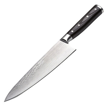 Professional chef knife with sleek black handle and detailed blade design isolated