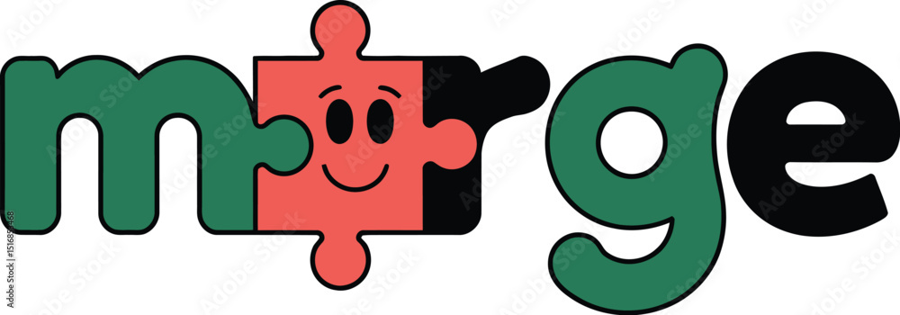 Poster illustration of the word merge with a puzzle piece replacing the r and a smiling face on it