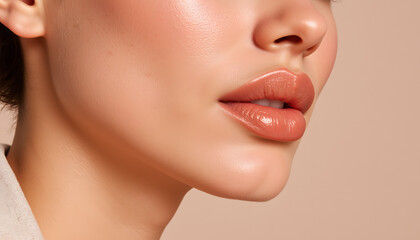 Obraz premium Close-up of woman’s lips with glossy finish against neutral backdrop - Concept of Summer skincare 