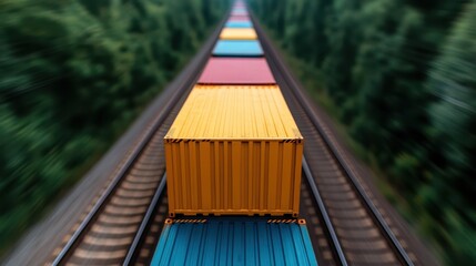 A train carrying multiple vivid cargo containers is captured speeding down the tracks, representing modern transportation logistics and the movement of goods in vibrant colors.
