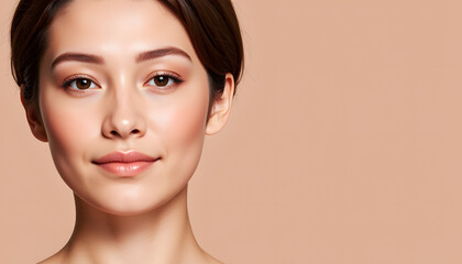 Fototapeta premium Young woman with flawless skin posing against a peach background for Summer skincare 
