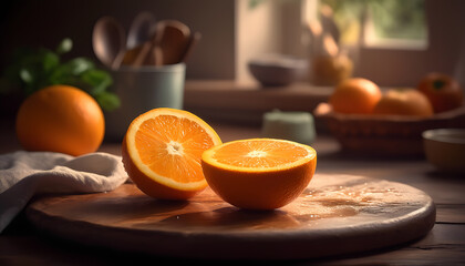 Orange slices on the wooden kithen table