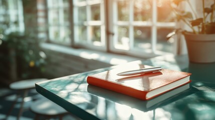 A vibrant notebook and sleek pen rest on a table in a sunlit workspace, inspiring creativity and productivity in a cozy and inviting atmosphere.