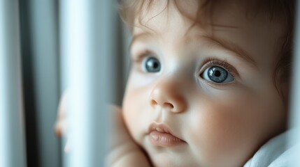 A charming baby with big blue eyes gazes curiously from behind crib bars, showcasing innocence and wonder, evoking feelings of tenderness and parental love.