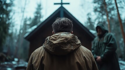 A mysterious figure stands in front of a rustic church with a cross, enveloped in fog and shadows, suggesting themes of faith, contemplation, and existential reflection.