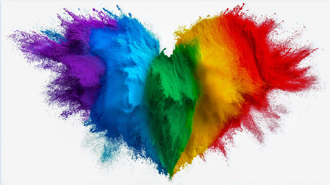 Colorful powder explosion in rainbow heart shape isolated on white background, representing diversity and love.