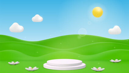 Minimalistic 3D Vector Scene of Sunny Hills and Grass With Flowers