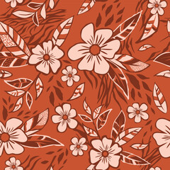 Bold vector seamless floral pattern with terracotta background and cream flowers. Intricate leaves, rhythmic design. Perfect for boho textiles, wallpaper, fabrics and decorative surfaces.