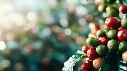 A close-up of ripe coffee cherries reflects the vibrant colors and textures of coffee agriculture, capturing the richness of nature and the journey from fruit to cup.