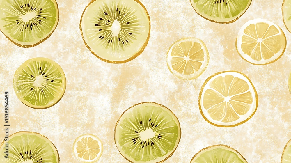 Poster a creamy beige background with kiwi slices and lemon twists spaced equally in a tight grid