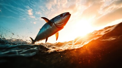 A powerful tuna fish leaps from the ocean's surface against a vibrant sunset backdrop, capturing the essence of freedom and the beauty of marine life in motion.