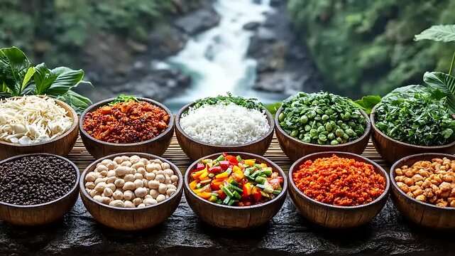 Culinary voyage showcasing diverse ingredients in wooden bowls against a waterfall backdrop