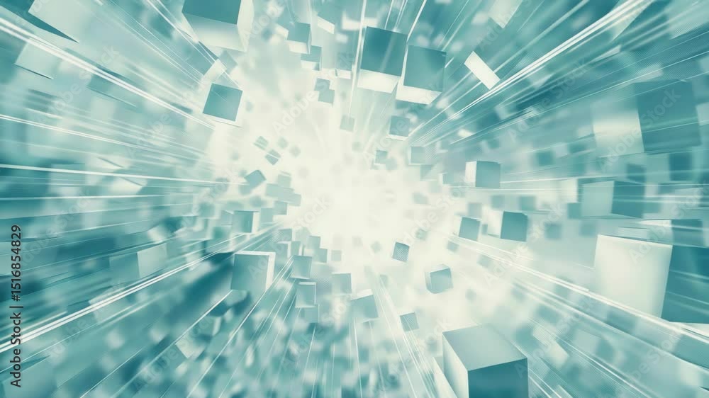 Poster light rays burst through a cloud of cubes, creating a vibrant and dynamic atmosphere in a digital re