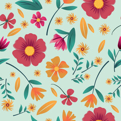 Cute seamless floral vector pattern with stylized bright daisies, leaves on a light green background. Ideal for textiles, wallpaper and packaging.