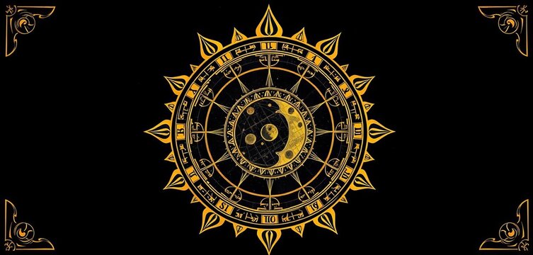 Ornate sun & moon phases, celestial bodies, golden retro engraving style, eclipse, golden