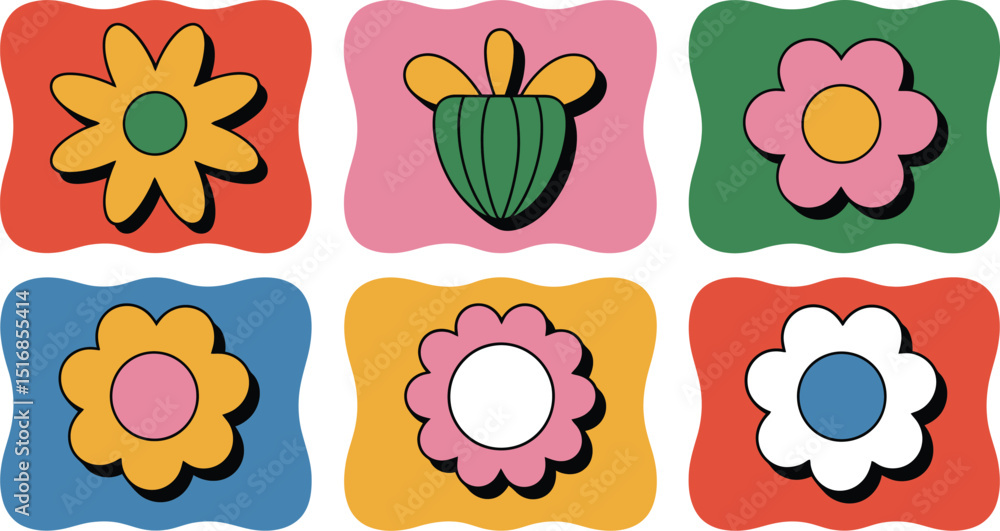Aufkleber a collection of six retro flower designs with various color palettes arranged in a grid pattern