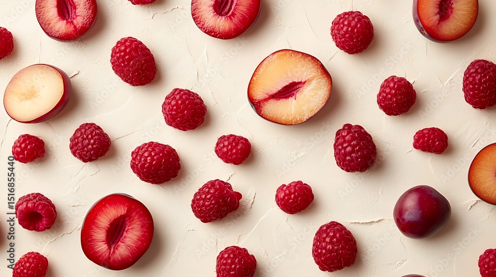 Poster a light cream-colored surface with plum slices and raspberries arranged in tidy row formations