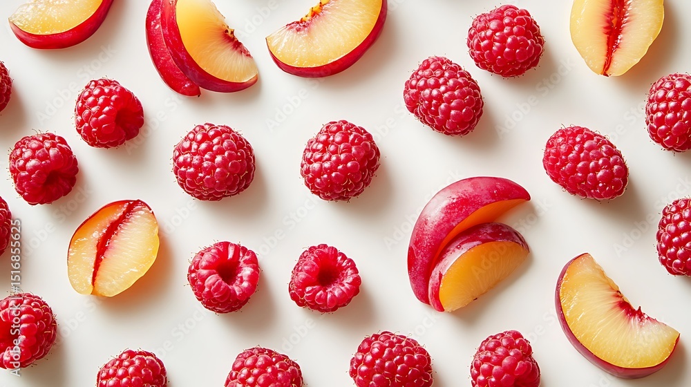 Poster a light cream-colored surface with plum slices and raspberries arranged in tidy row formations