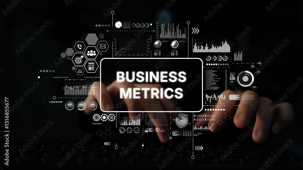 Poster Business Metrics Analysis and Visualization with Interactive Data Charts on Dark Background. Asymptotic smart data analytic.