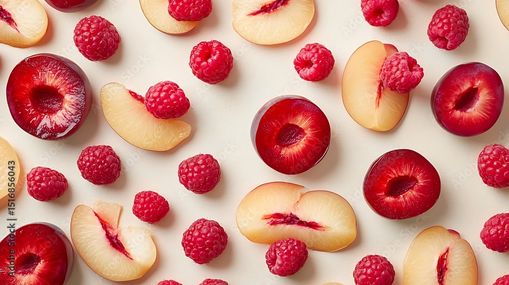Poster a light cream-colored surface with plum slices and raspberries arranged in tidy row formations