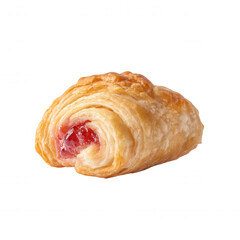 A close-up showcases a delicious, freshly baked pastry filled with bright red jam, its golden crust promising a sweet and satisfying treat on a white backdrop.