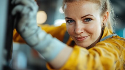 A confident woman in a work environment, smiling while operating machinery, symbolizing empowerment, skill, and the increasing presence of women in various professional fields.