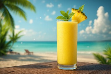 Refreshing tropical smoothies served in tall glasses, each garnished with a fresh fruit slice and mint, set against a vibrant beach background with turquoise ocean and palm trees. Perfect for summer p