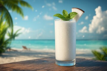 Refreshing tropical smoothies served in tall glasses, each garnished with a fresh fruit slice and mint, set against a vibrant beach background with turquoise ocean and palm trees. Perfect for summer p