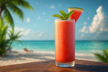 Refreshing tropical smoothies served in tall glasses, each garnished with a fresh fruit slice and mint, set against a vibrant beach background with turquoise ocean and palm trees. Perfect for summer p