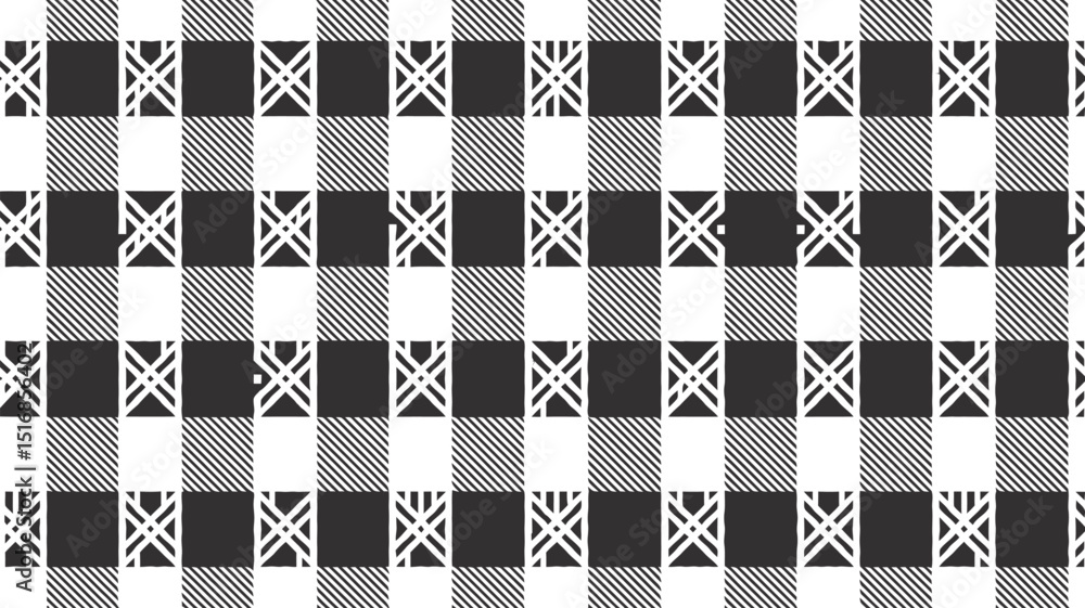 Poster a repetitive pattern of red and black squares with intersecting lines forming a plaid design texture