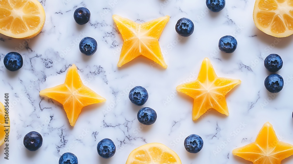 Poster a light marble background with starfruit slices and blueberry dots placed in square grids