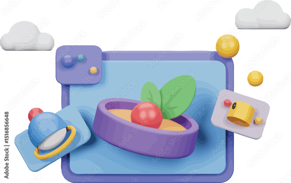 Poster a stylized rendering of a tablet with various objects floating around it on a lavender background