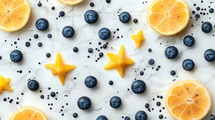 A light marble background with starfruit slices and blueberry dots placed in square grids 