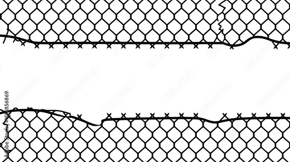 Poster close up of a chain link fence with a white background and some damage along the edges of the fence