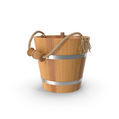 Wooden bucket with rope handles and ladle isolated on transparent background