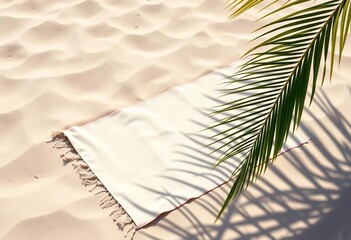 Pale beige beach towel on sun-drenched sand, palm leaf shadow Summer vacation relaxation, beach towel,  sea