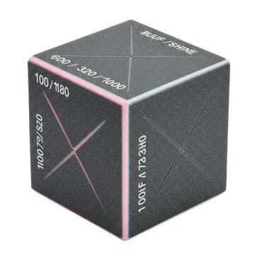 Ultra realistic photo of a four-sided nail buffer block with different grits clearly labeled, on a plain transparent background with no shadows, commercial photoshoot concept
