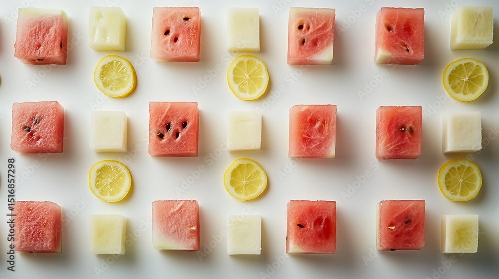 Poster a muted white tabletop with watermelon cubes and lemon circles aligned in alternating parallel rows