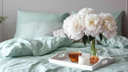 Huge white peonies bouquet and white wooden tray with hot black tea,