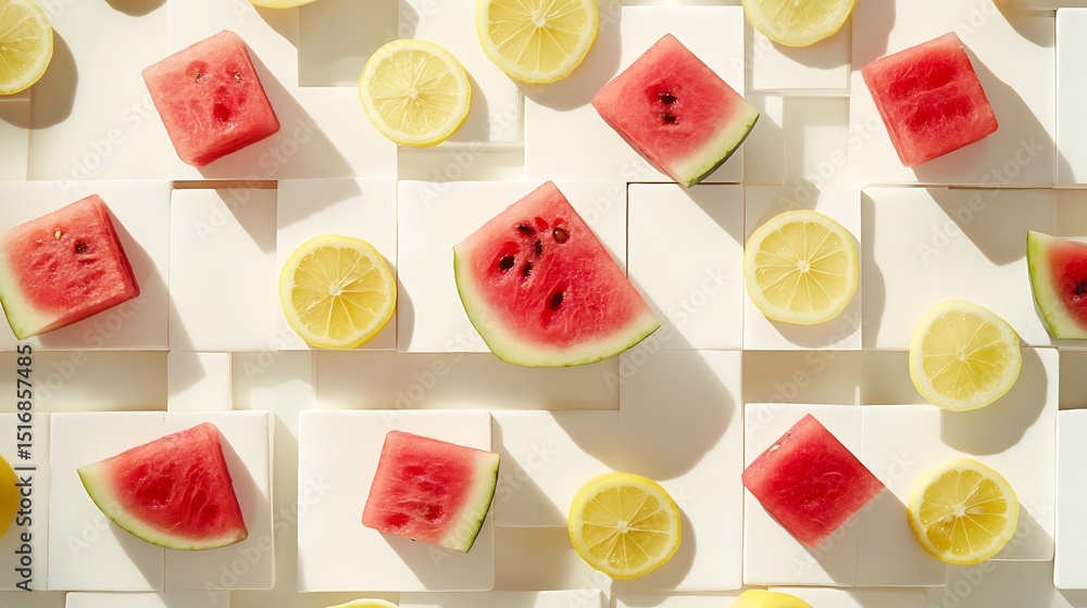 Poster a muted white tabletop with watermelon cubes and lemon circles aligned in alternating parallel rows