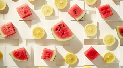 A muted white tabletop with watermelon cubes and lemon circles aligned in alternating parallel rows 