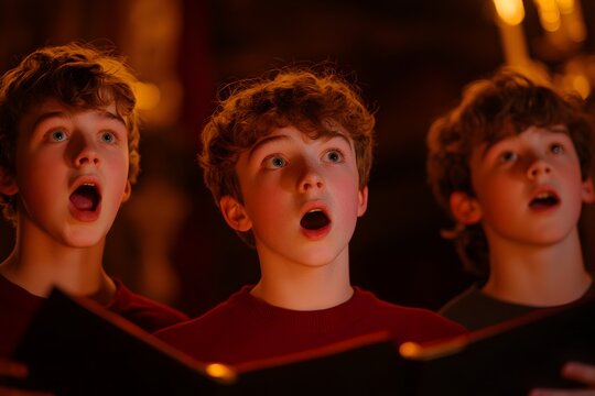 Group of boys singing in choir, Candlelight choral performance, Emotional faces, Warm lighting, Traditional music scene, Night concert, Artistic performance, Teamwork, Copy space

