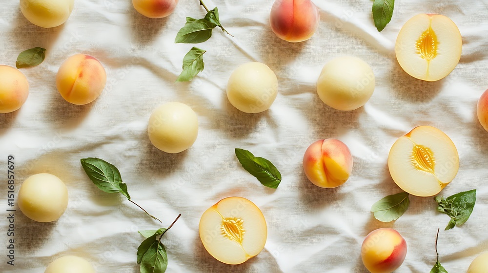 Poster a pale linen surface with honeydew melon balls and sliced peaches aligned in parallel diagonal strip
