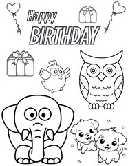 happy birthday coloring sheet with cute animals: elephant, owl, sparrow, two puppies; black vertical outline for children party, easy to print