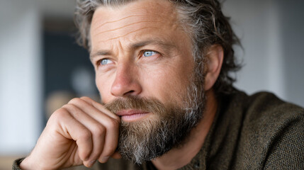 Contemplative man with graying beard ponders