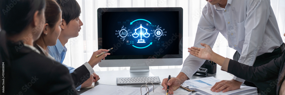 Poster ai ethics responsibility standard law and rules on computer screen provide report of ai ethic transp
