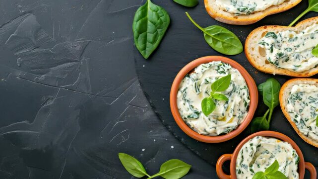 Delight in a creamy spinach dip accompanied by fresh bread slices, garnished with spinach leaves on a stylish dark slate platter