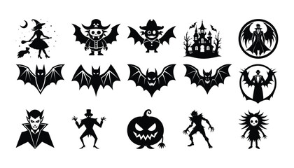 Black silhouettes of halloween characters including bats monsters and a haunted house