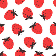 Seamless pattern with cute strawberries. Design for banner, wallpaper, textile, wrapping paper, background, cards. Vector illustration in flat style