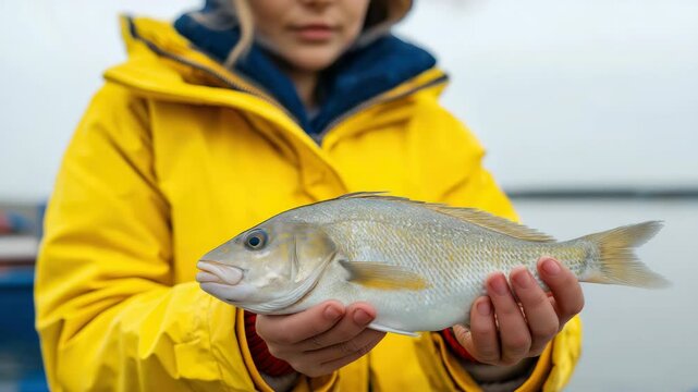 Person displaying freshly caught fish in yellow jacket by lakeside